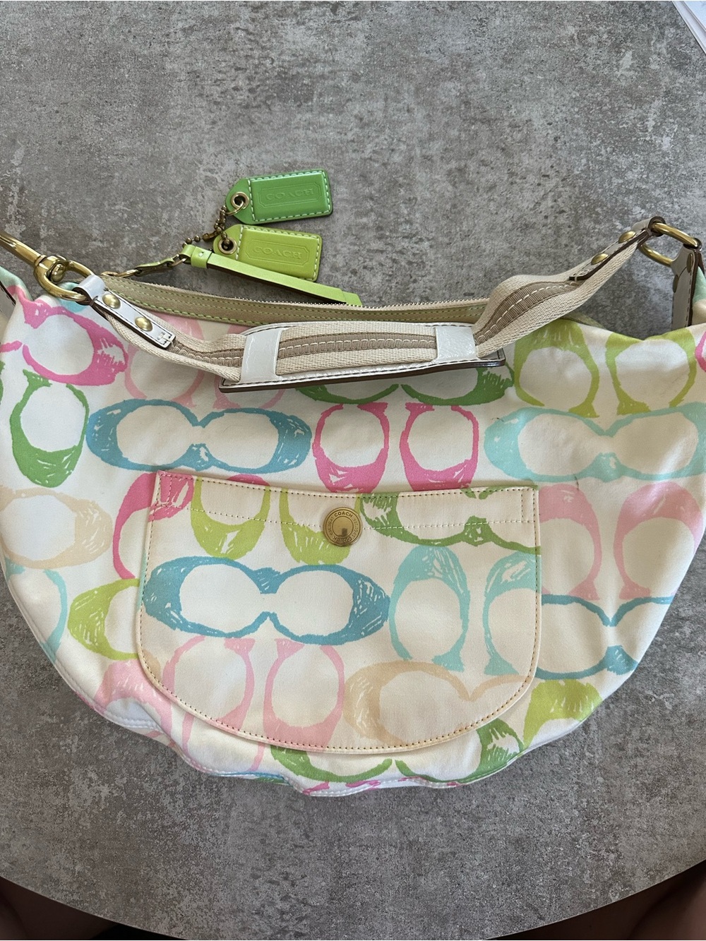Coach Multicolor Pastel Signature Hobo Bag with Lime Tag Accents